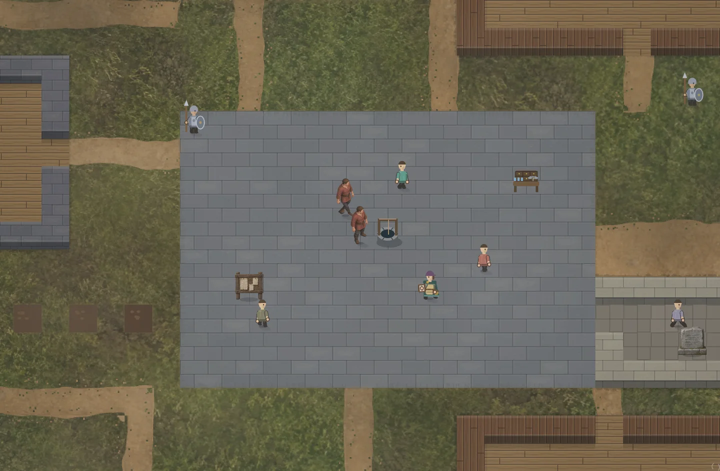Aldenhaven's town square with its well, noticeboard, people and surrounding paths.